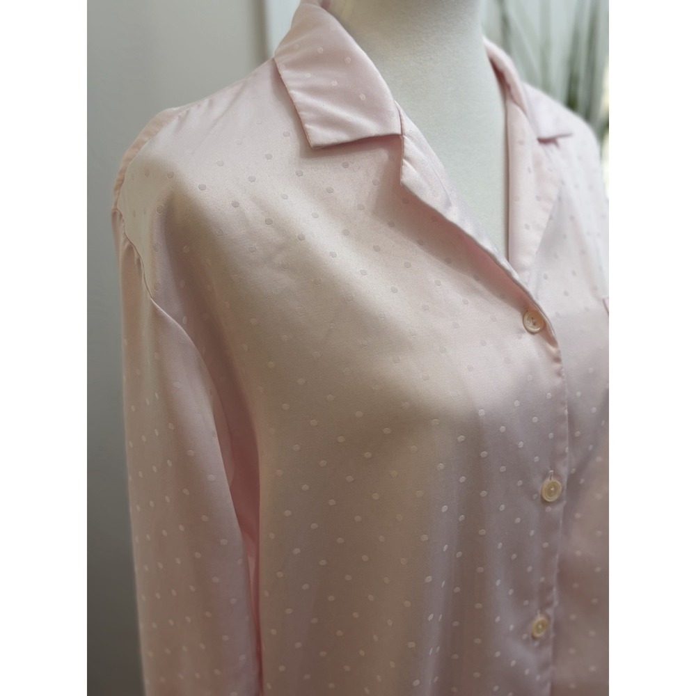 Miss Elaine Pink Nightshirt  Sz Medium Brushed Back Satin Polka Dot Nightgown - Picture 5 of 12